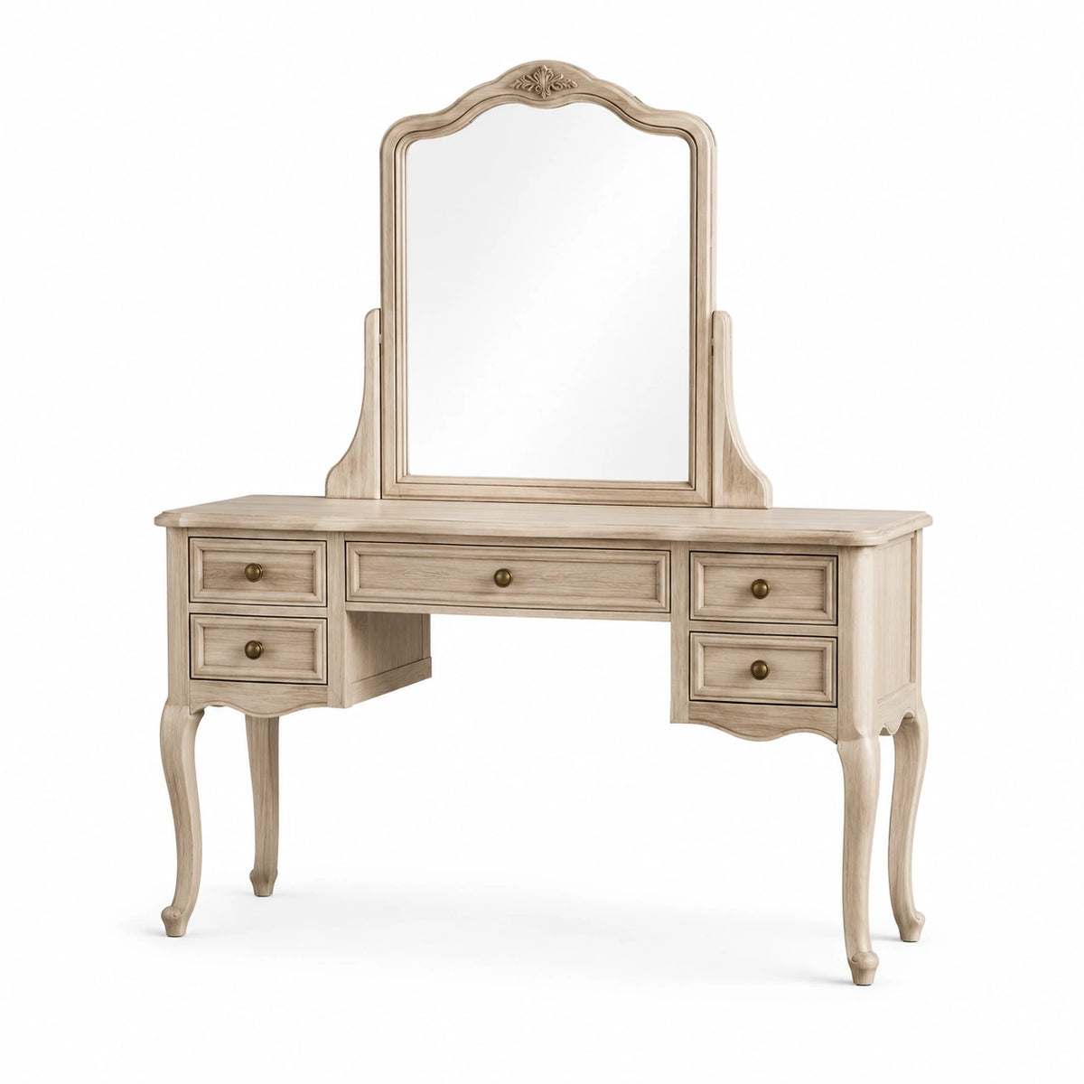Tavolo da Toeletta in Legno Massello Beige con Specchio in Vetro Temperato