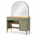 Tavolo da trucco verde e legno con specchio ad arco e illuminazione LED