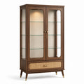 Vetrina in legno con porte in vetro temperato e cassetto in rattan