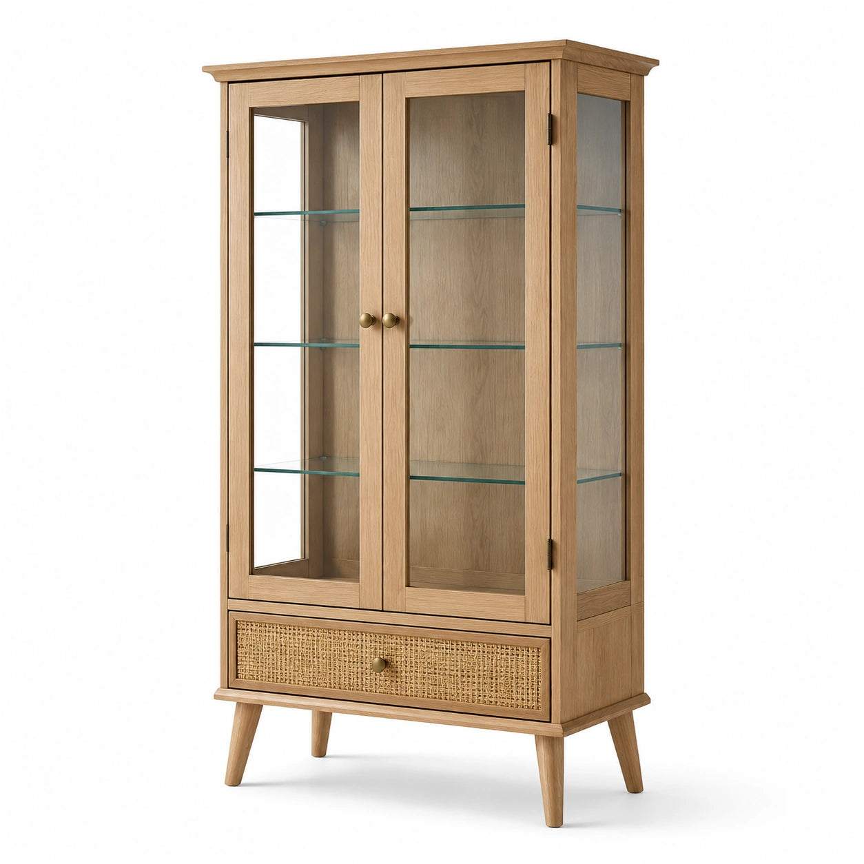 Vetrina in legno con ante in vetro temperato e cassetto in rattan