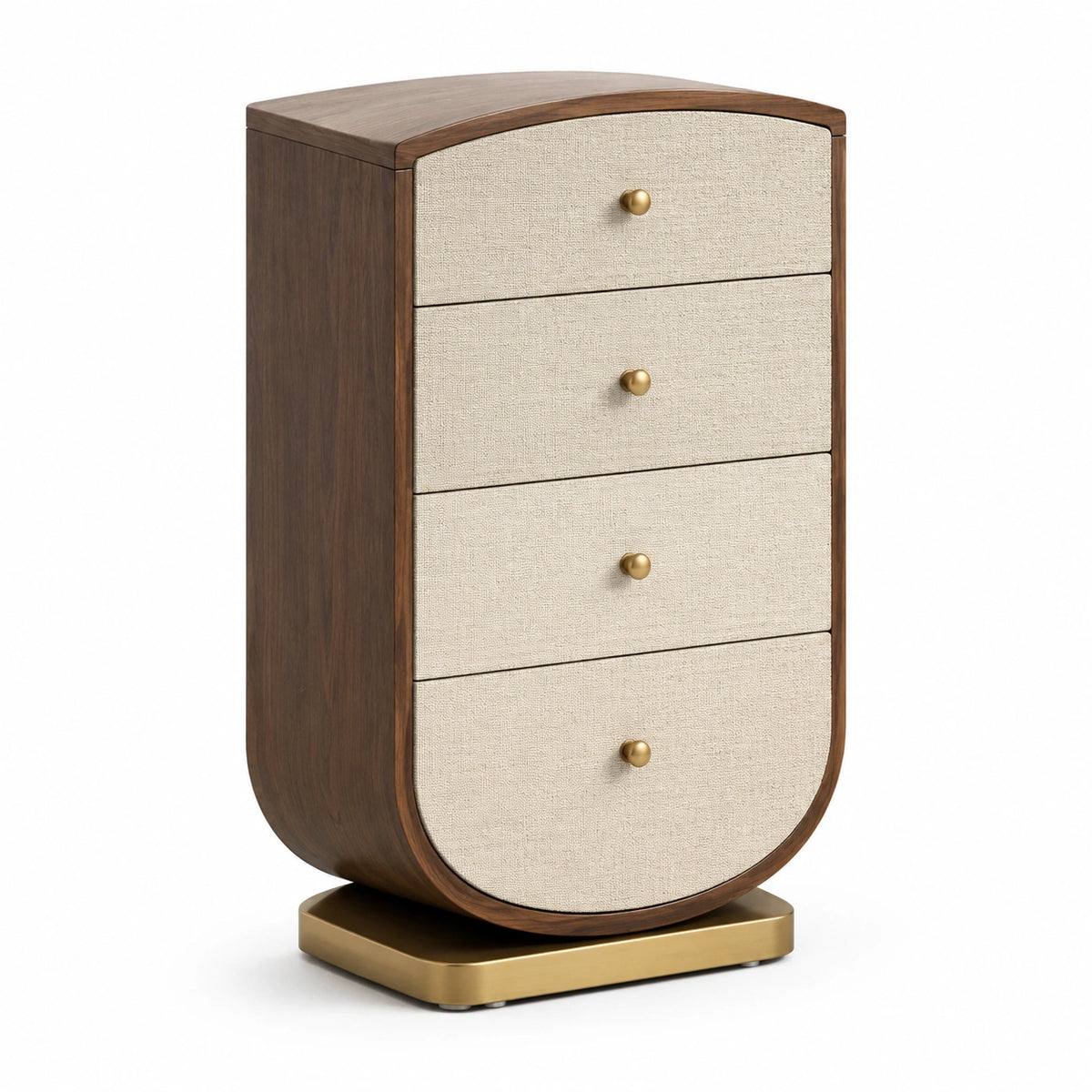 Cassettiera curva in legno e tessuto con 4 cassetti, noce/beige