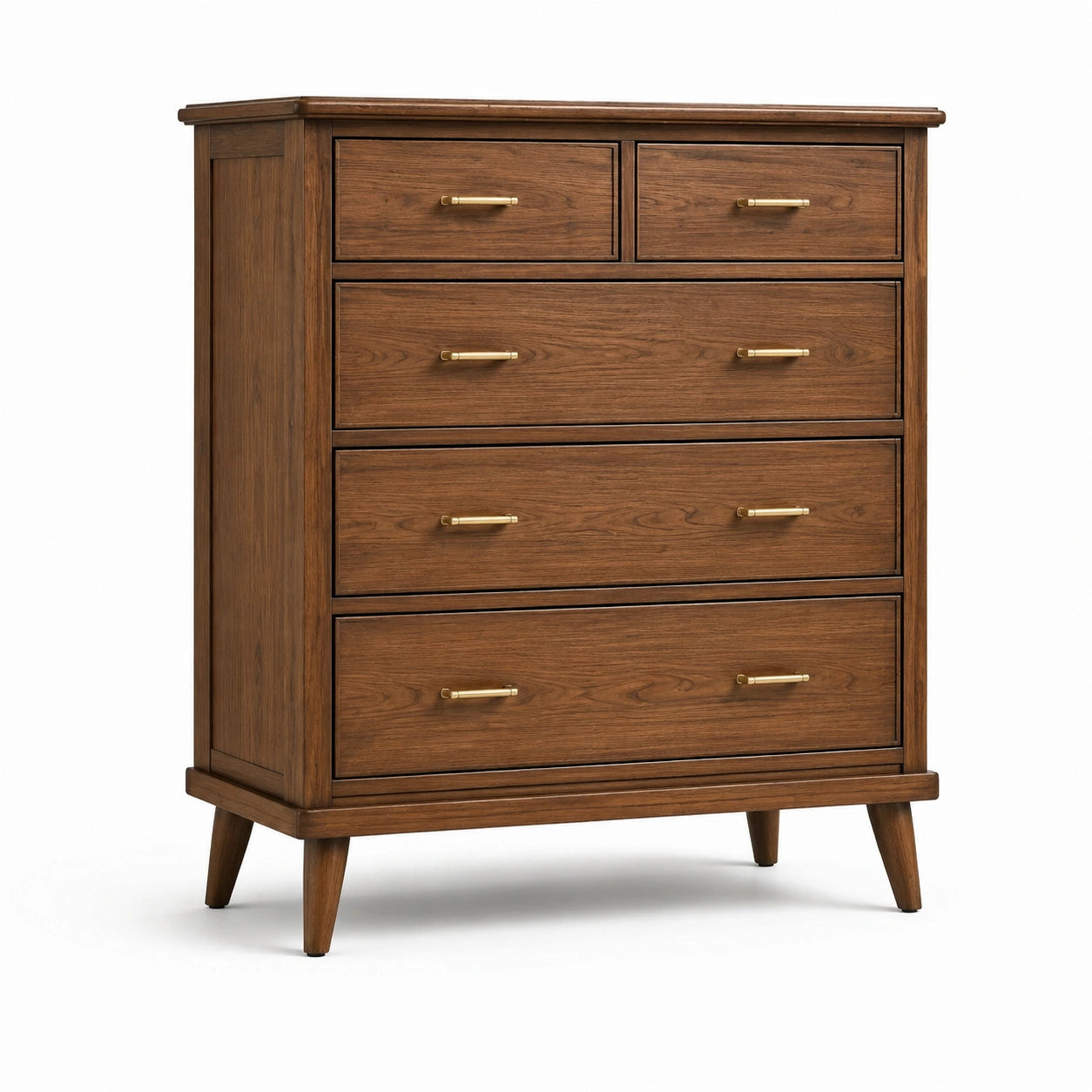 Cassettiera in legno di noce con maniglie in metallo dorato