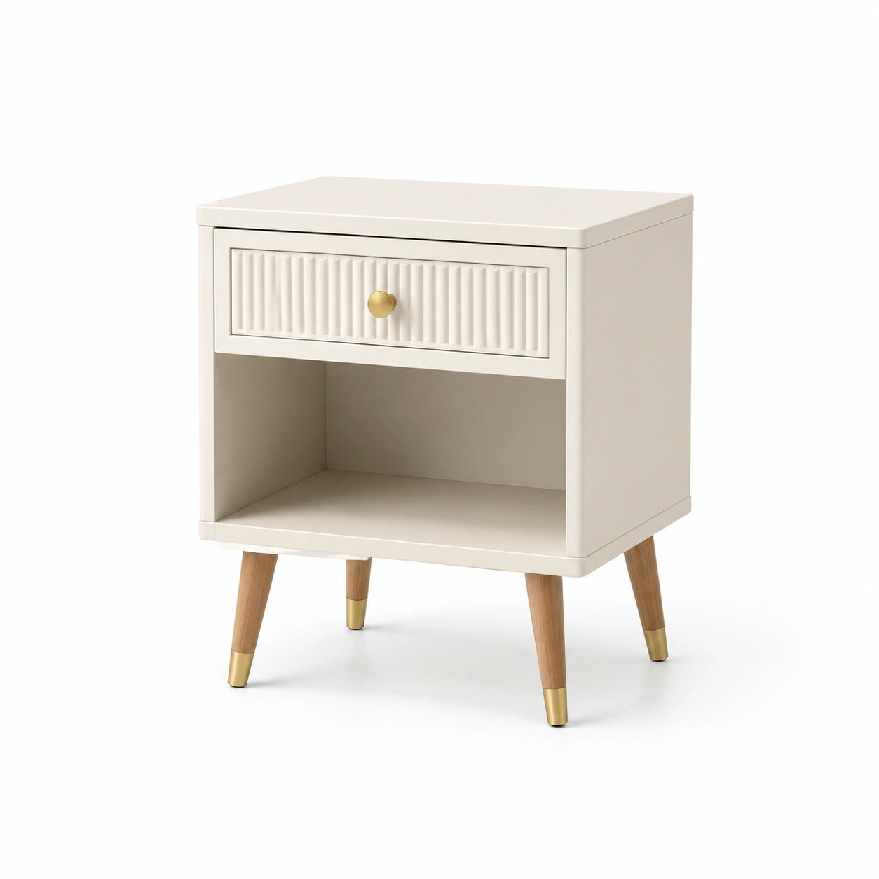 Comodino in MDF e legno con cassetto e ripiano beige