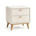 Comodino in legno con gambe in quercia e cassetti in MDF bianco