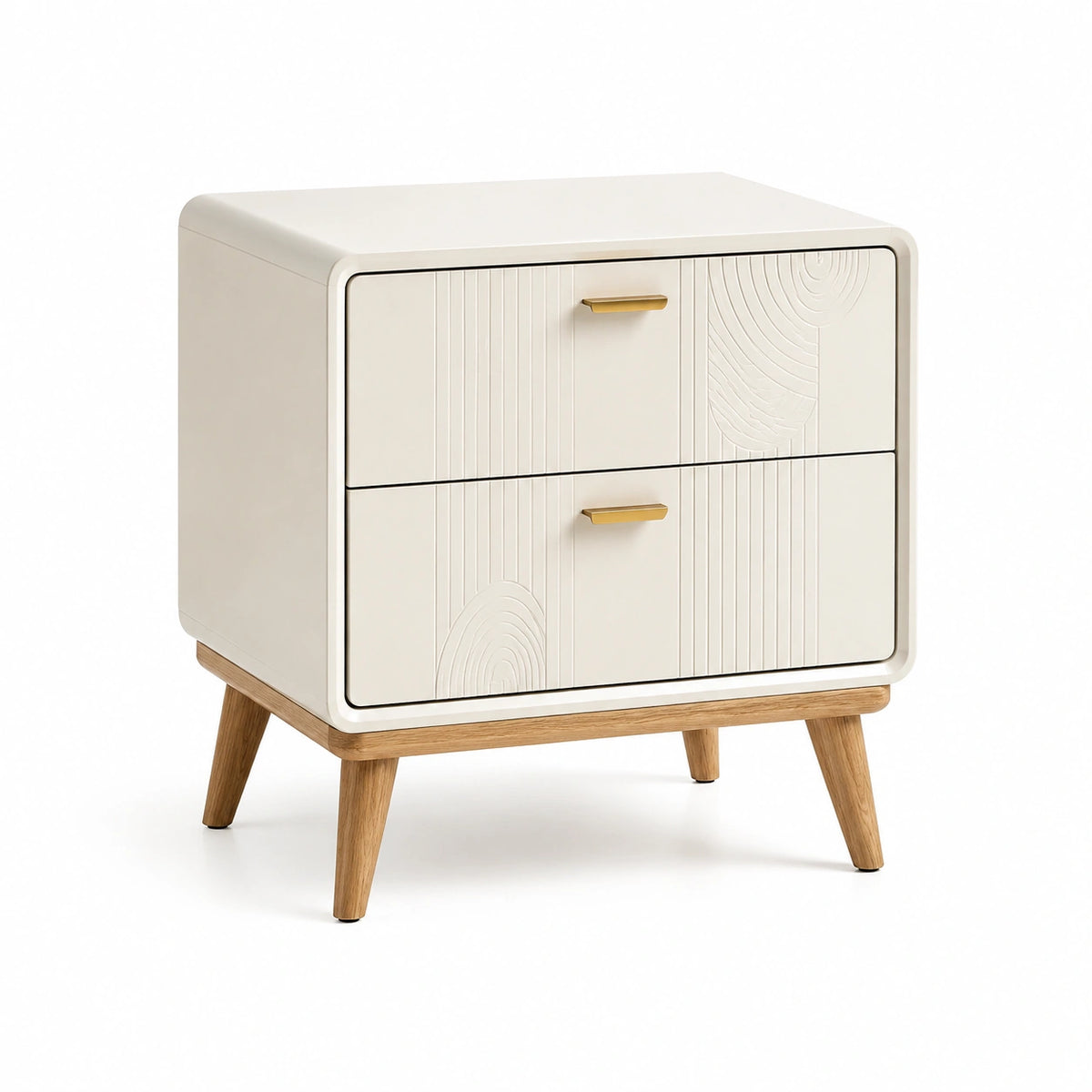 Comodino in legno con gambe in quercia e cassetti in MDF bianco