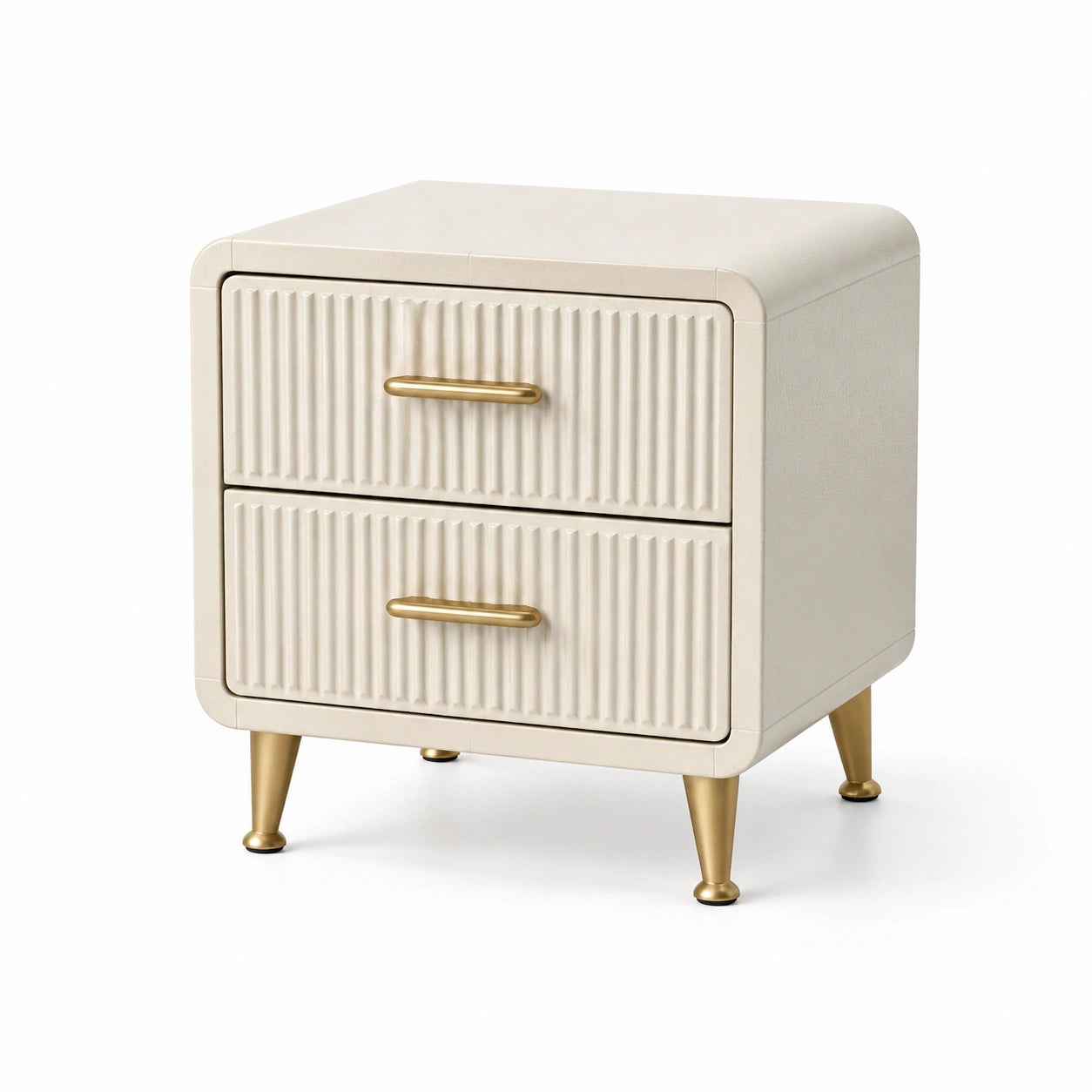 Comodino a due cassetti in legno e metallo, Bianco e Oro