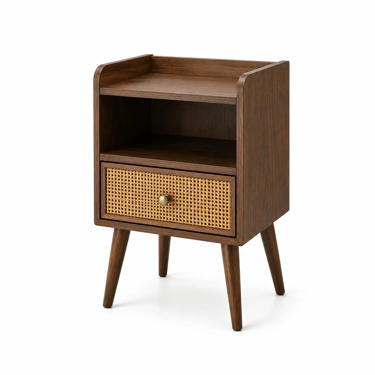 Comodino in legno di noce con cassetto in rattan 45x35x60 cm