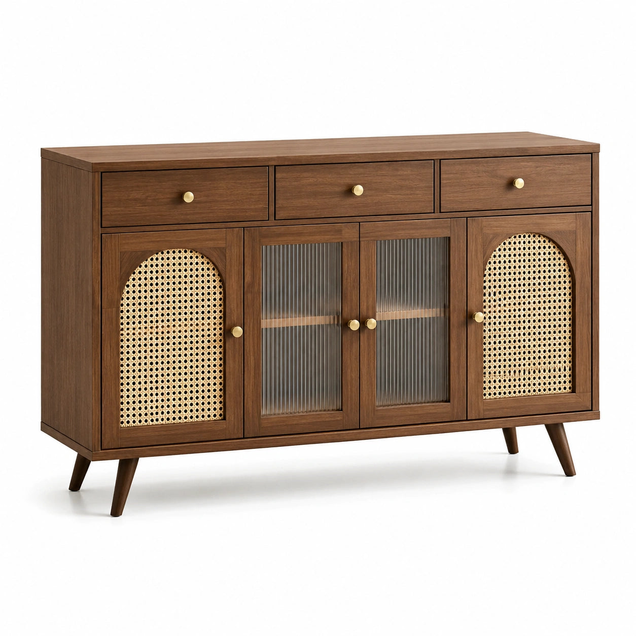Credenza in legno con ante in rattan e vetro temperato