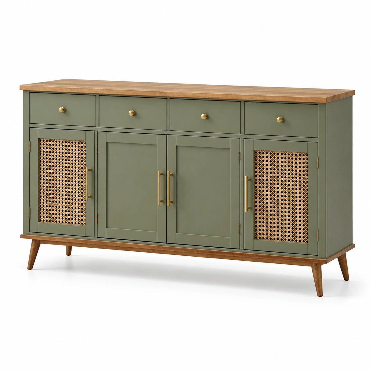 Credenza in legno e rattan con maniglie in metallo 152x40x80 cm