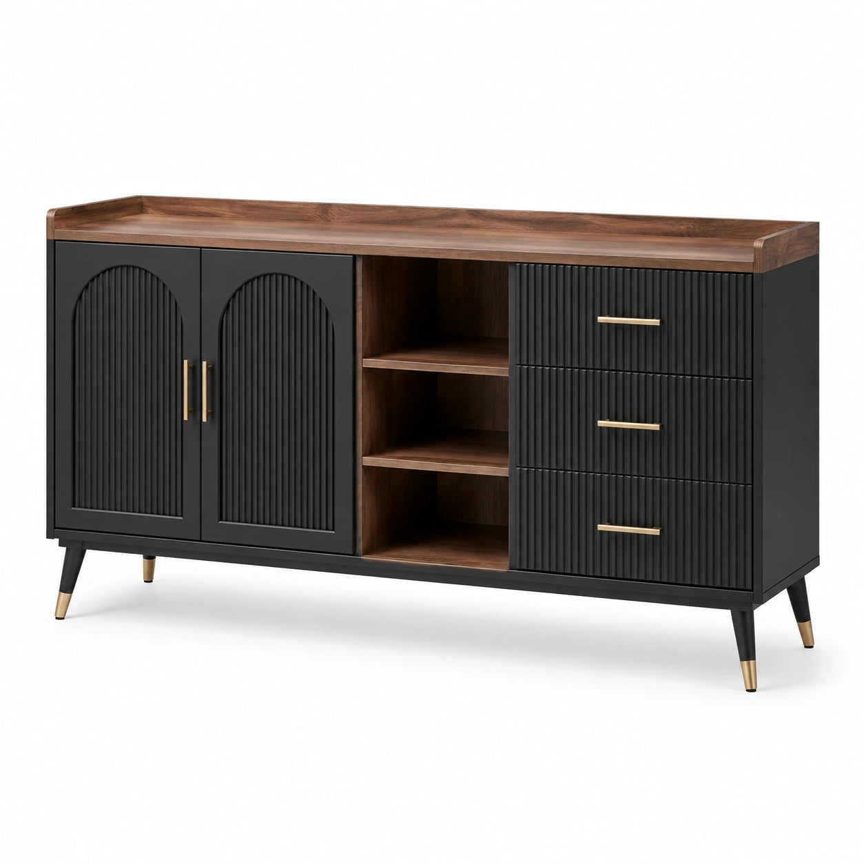 Credenza in legno e metallo nera e marrone con ante e cassetti