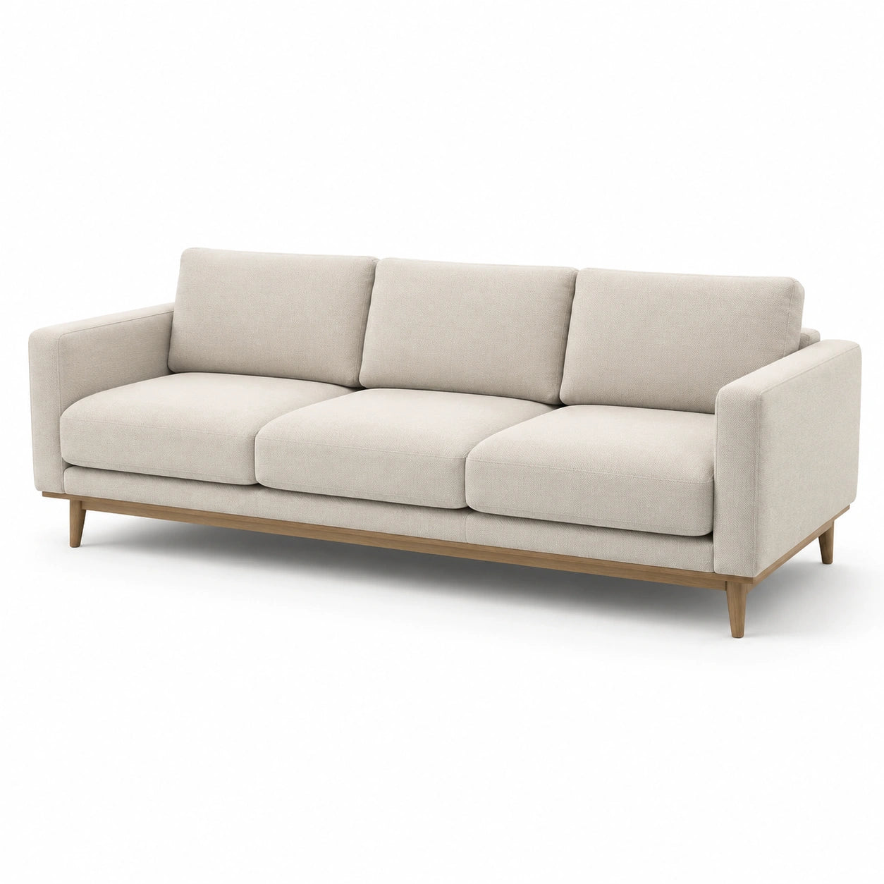 Divano a 3 posti in tessuto beige con struttura in legno