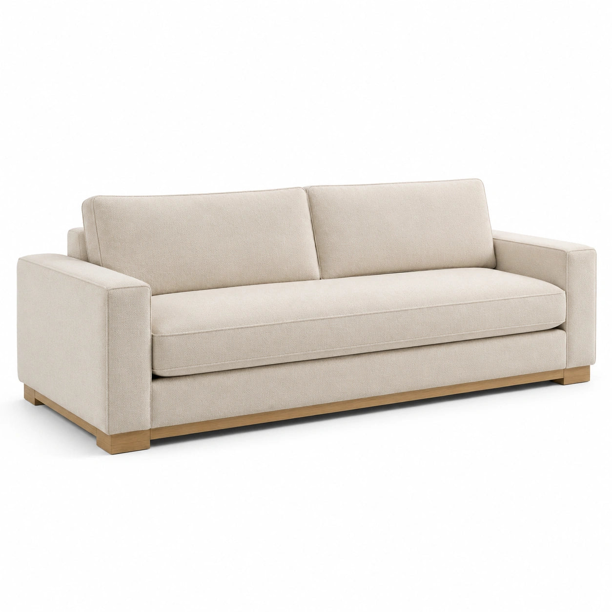 Divano a tre posti in tessuto poliestere beige con base in legno massello