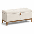 Panca contenitore in tessuto beige con gambe in legno