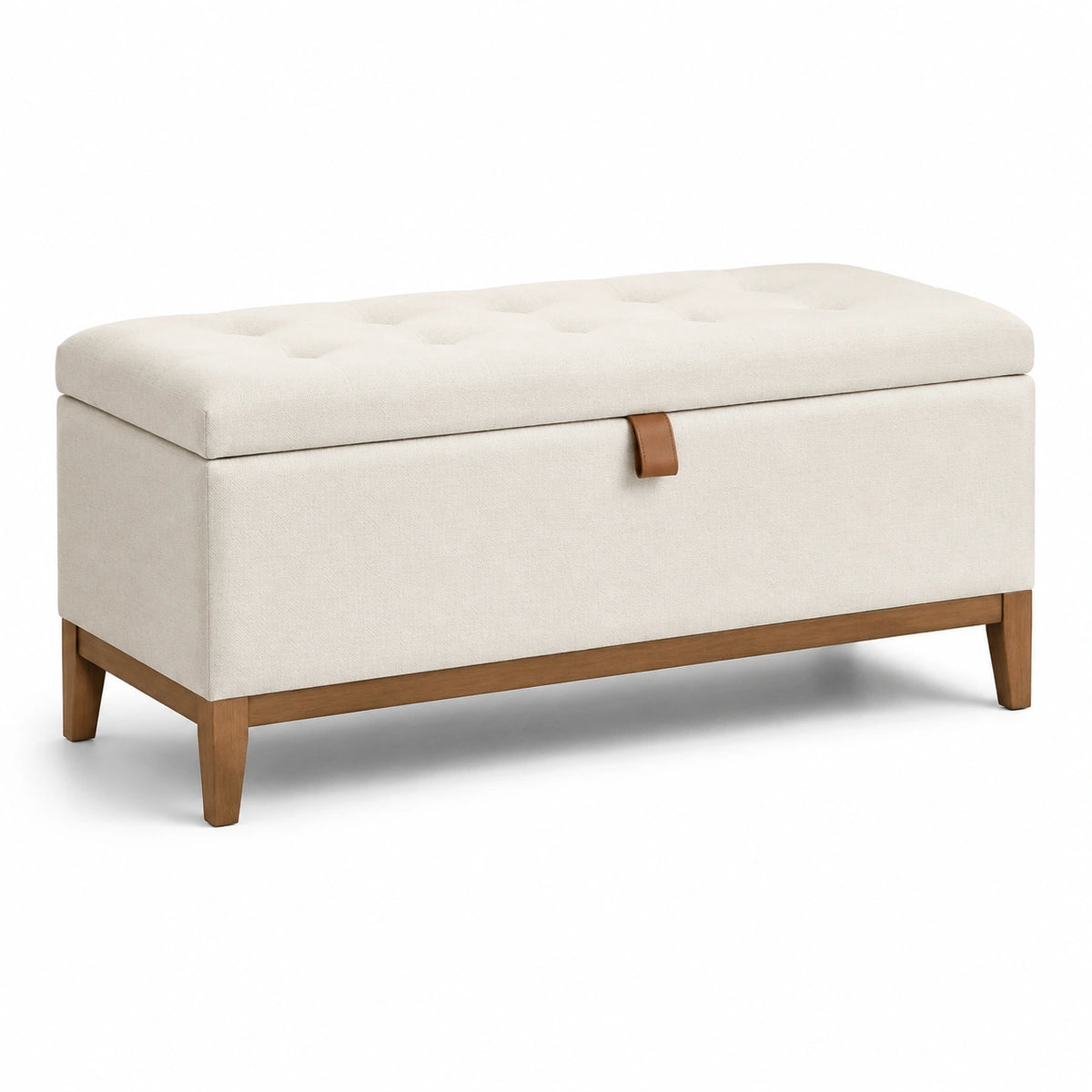 Panca contenitore in tessuto beige con gambe in legno