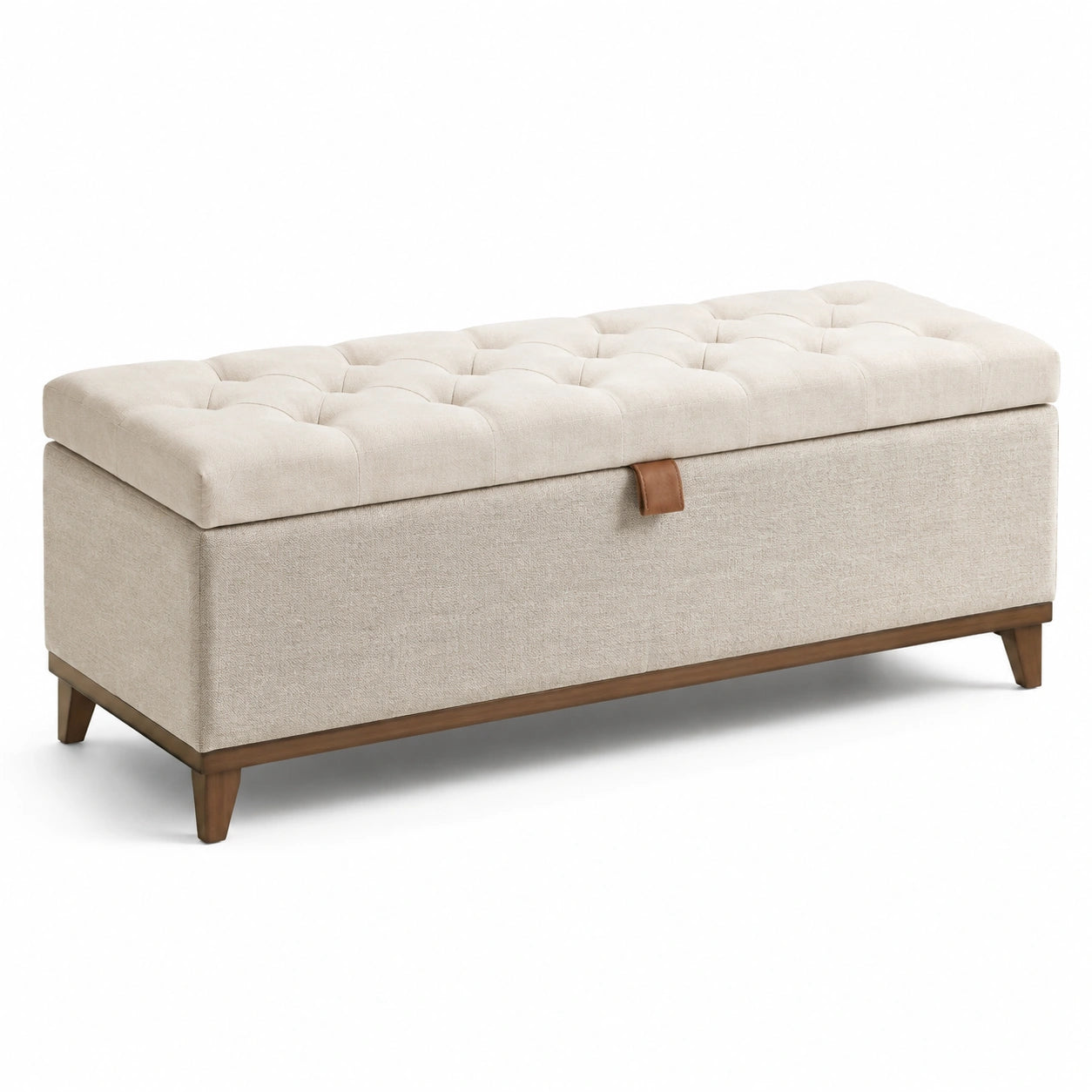 Panca contenitore in tessuto beige con gambe in legno