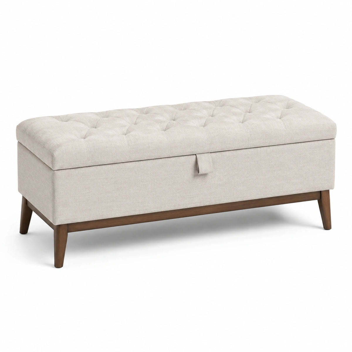 Panca contenitore in tessuto poliestere beige con gambe in legno