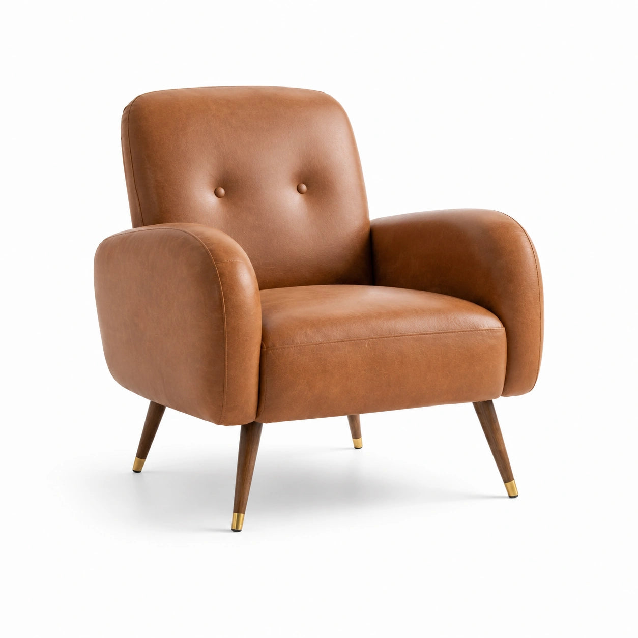 Poltrona in pelle sintetica marrone con gambe in legno di quercia