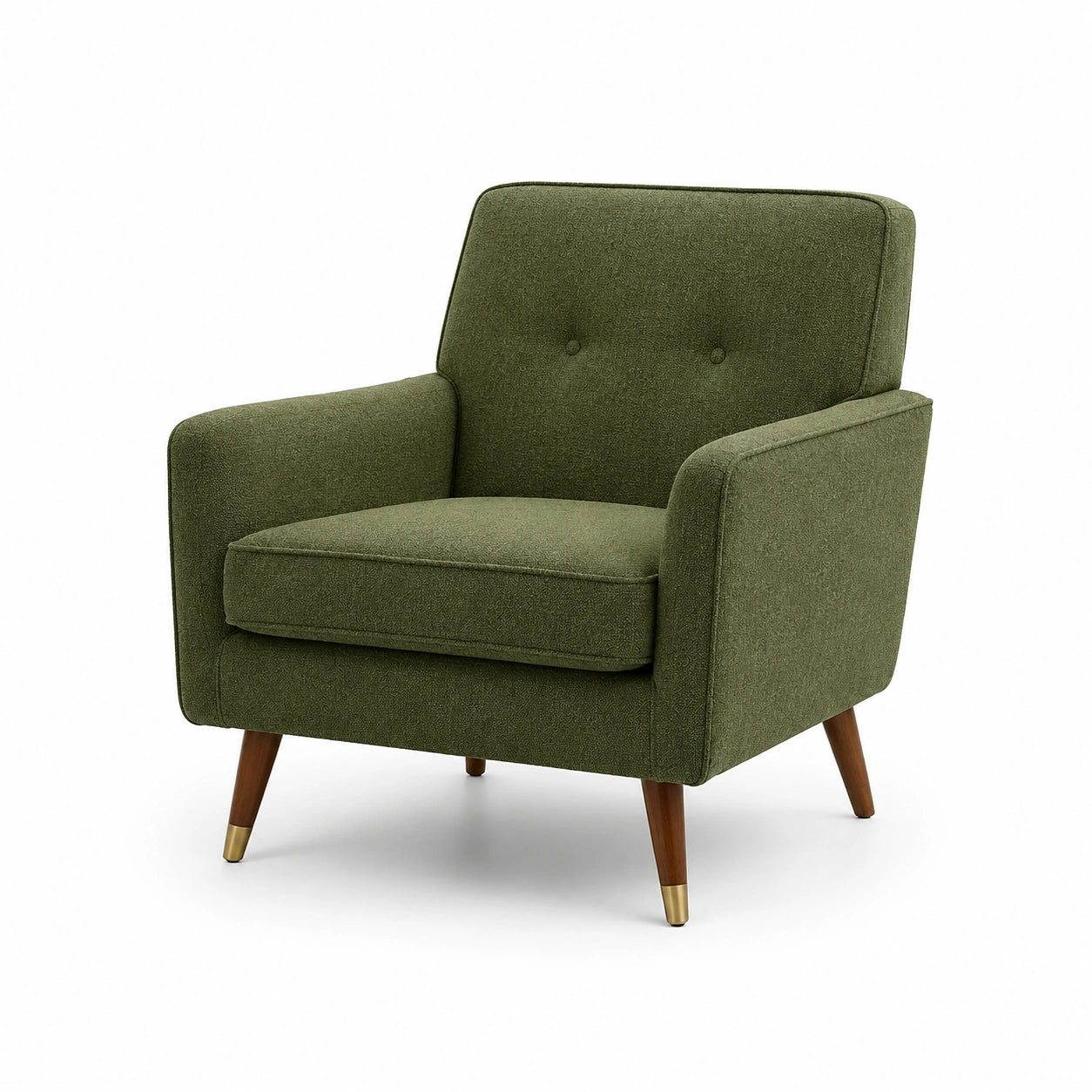 Poltrona in tessuto verde con gambe in legno