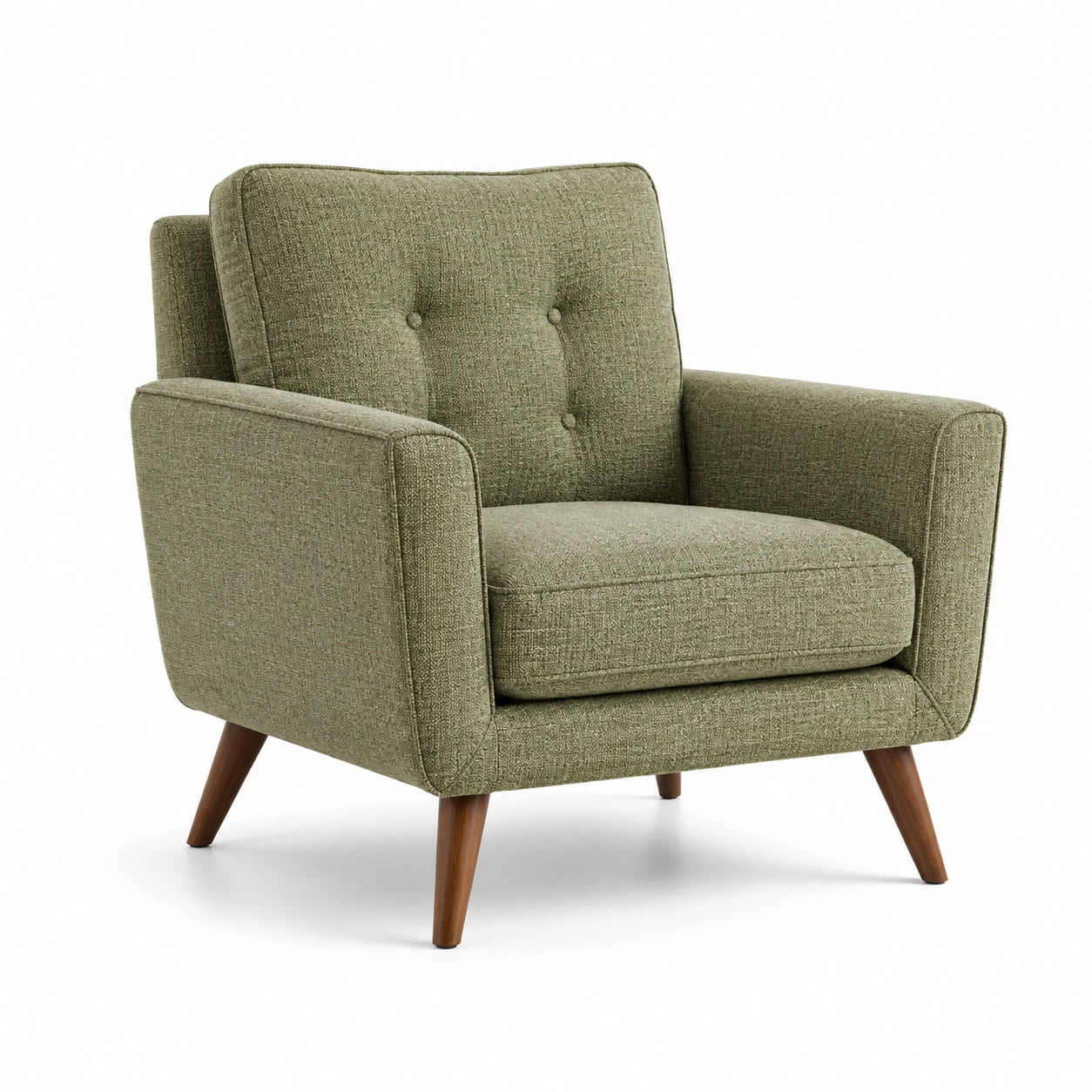 Poltrona in tessuto verde oliva con gambe in legno