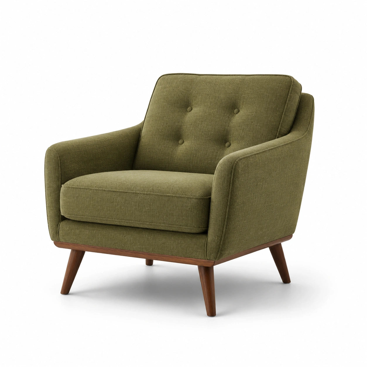 Poltrona in tessuto verde con gambe in legno
