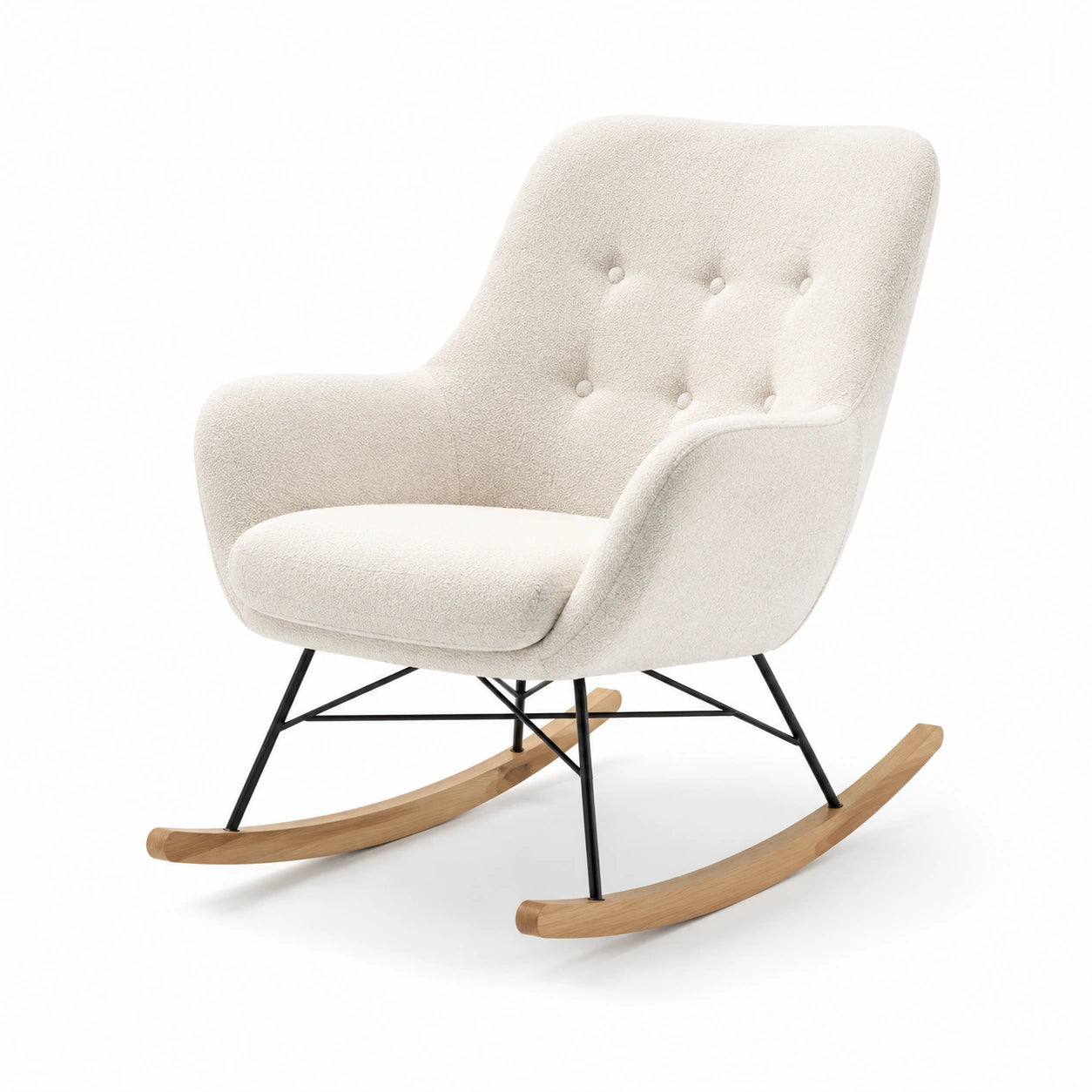Sedia a dondolo in tessuto beige con base in legno e metallo
